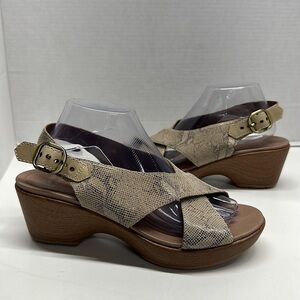 Dansko Jacinda Sandals Shoes Open Toe Leather Slingback Wedges Snake Brown 10
